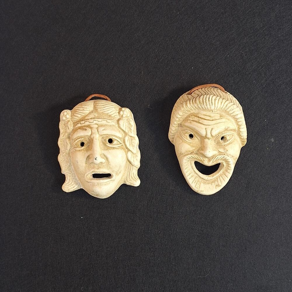 Vintage Greek Comedy Tragedy Theater Masks Plaster Souvenir Set Wall Decor 3"